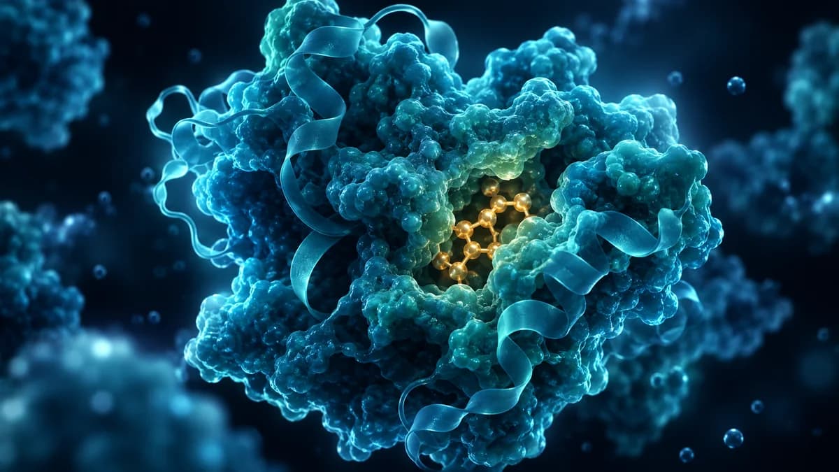 Conceptual illustration of a gold molecule nestled in a teal protein-like structure.