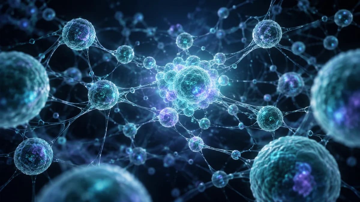 Conceptual illustration of interconnected luminous cells representing collaborative research.